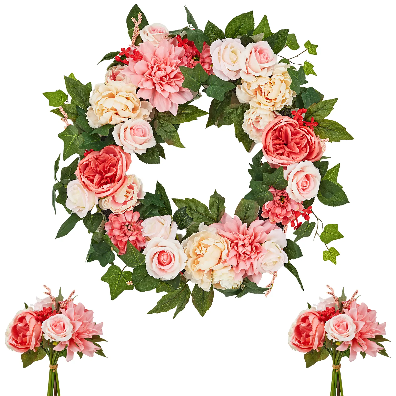 Spring Peony and Dahlia Wreath with Lush Greenery, Artificial Floral Door Wreath with Real Rattan Base, Includes 2 Matching Bouquets, 18 22 24 Inch for Front Door Home Decor