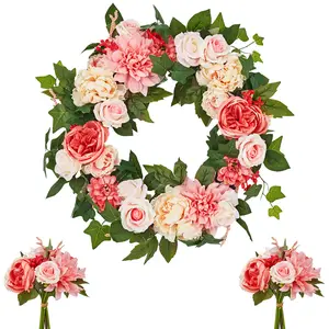Spring Peony and Dahlia Wreath with Lush Greenery, Artificial Floral Door Wreath with Real Rattan Base, Includes 2 Matching Bouquets, 18 22 24 Inch for Front Door Home Decor