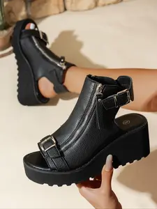 Plus Size Women's Punk Style Buckle Peep Toe Wedge Ankle Boots, Preppy College Fashion Open Back Short Booties for Trendy Looks Footwear