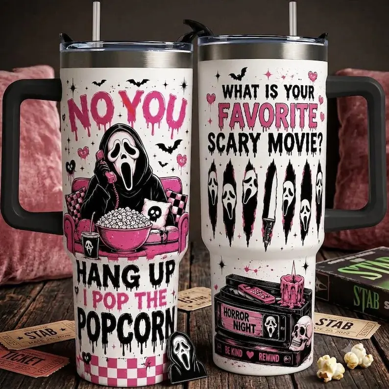 Spooky Pink Horror Tumbler 40oz, Movie Night Ghost Travel Mug, Favorite Scary Movie Cup, Halloween Aesthetic Coffee Tumbler, Gothic Fall Gift