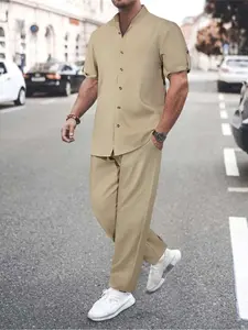 Men's Solid Color Shirt & Pants Two-piece Set, Regular Fit Casual Short Sleeve Collared Top & Trousers for Spring & Fall, Men's Two-piece for Daily Wear, Clothes