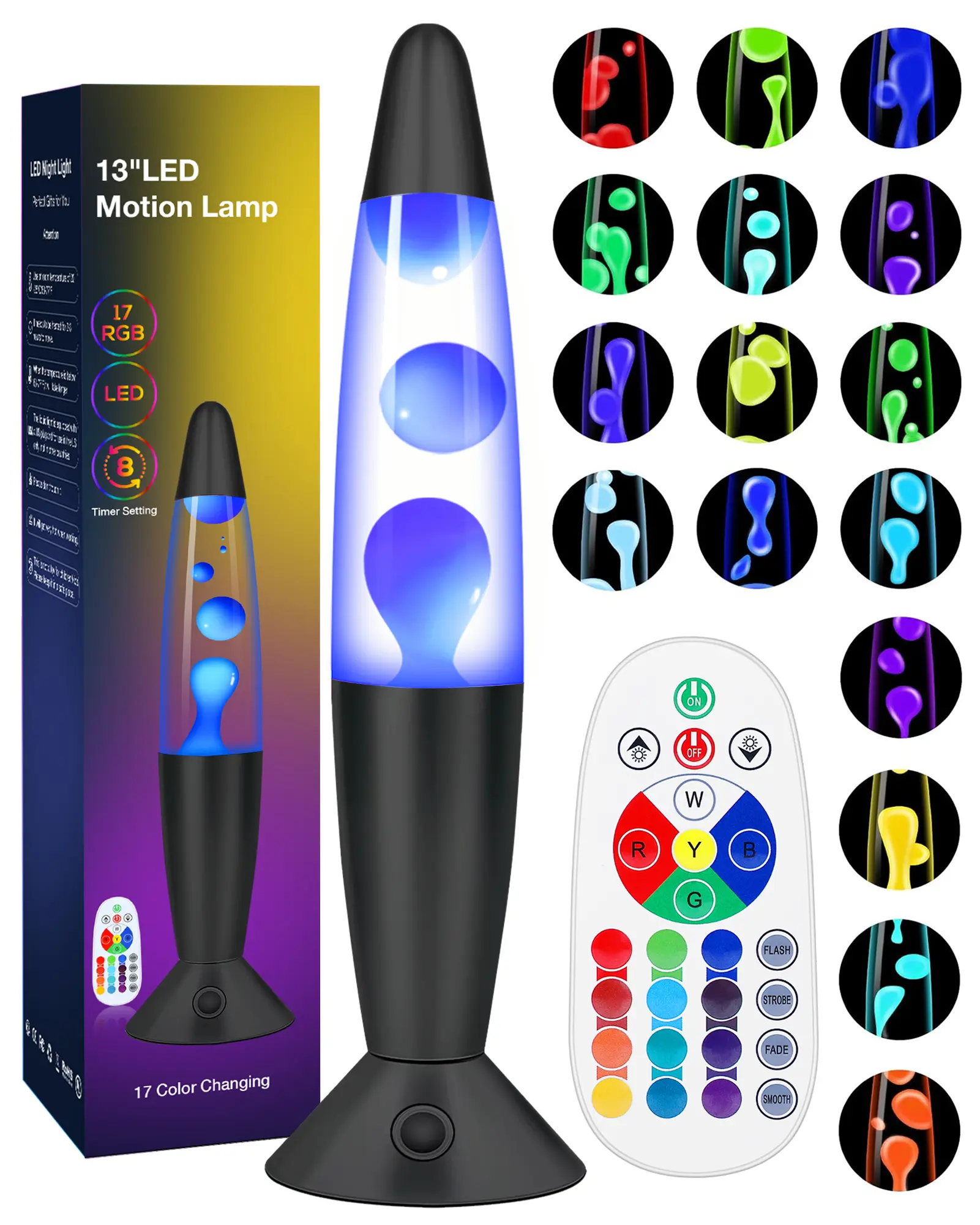 13-In Black Liquid Motion Lava Lamp with Aluminum Body, RGB LEDs, 17-Color LED Night Light, Remote Control, Timer, Smart Ambient Mood Lighting for Bedroom, Novelty Christmas Birthday Gifts for Adults, Indoor Use