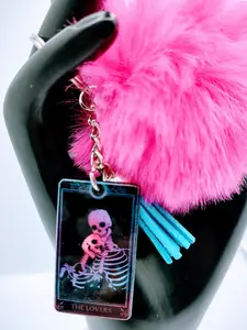Lovers Tarot Card Style Acrylic Keychain with fur and tassel charm