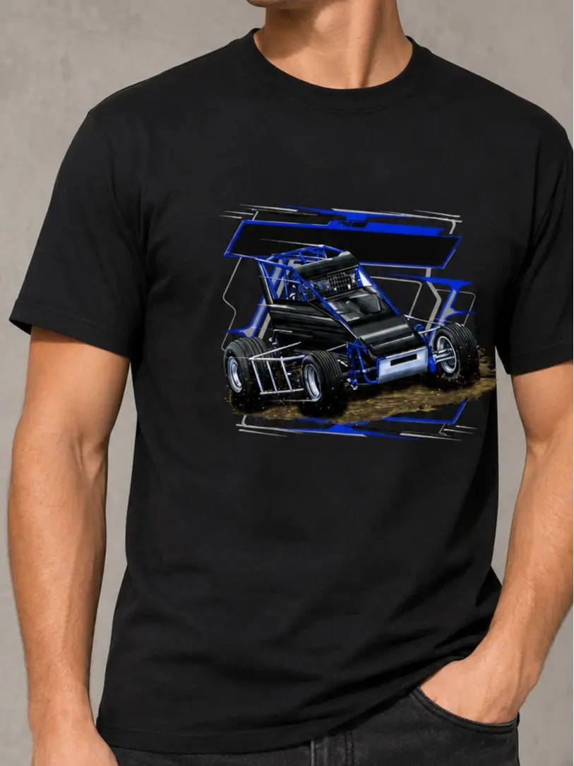 Men's Dirt Track Sprint Car Graphic T Shirt, 100% Cotton Short Sleeve Racing Tee, Garage Streetwear Gift for Car Guys, Unisex XS-5XL Casual Black