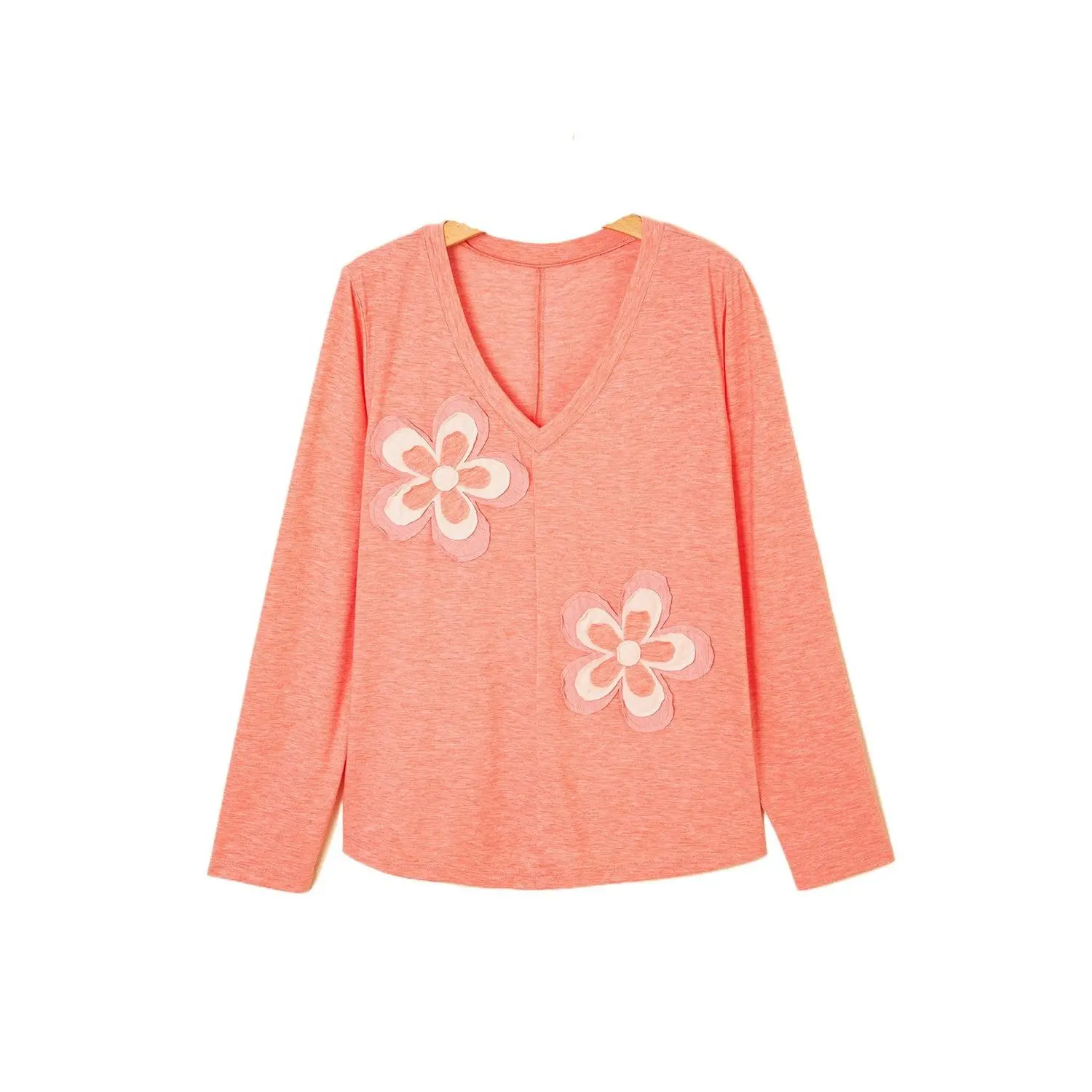 Women's Fresh Salmon Floral Patchwork V Neck Long Sleeve T-Shirt - Casual Chic Top
