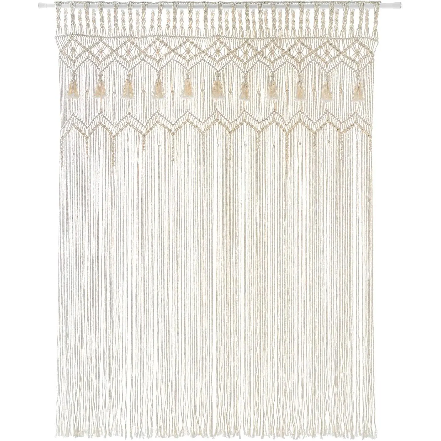 Cotton Macrame Curtain - 51x70 in Fade-Resistant, Geometric, Boho Handwoven Wall Hanging, Wipe-Clean Handmade Home Decor for Living Room, Bedroom, Playroom Window