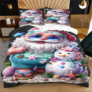 Christmas Cartoon Abstract Santa Print Bedding Set, Includes 1 Fitted Sheet and 1/2 Pillowcases, Full Size, Hypoallergenic Material
