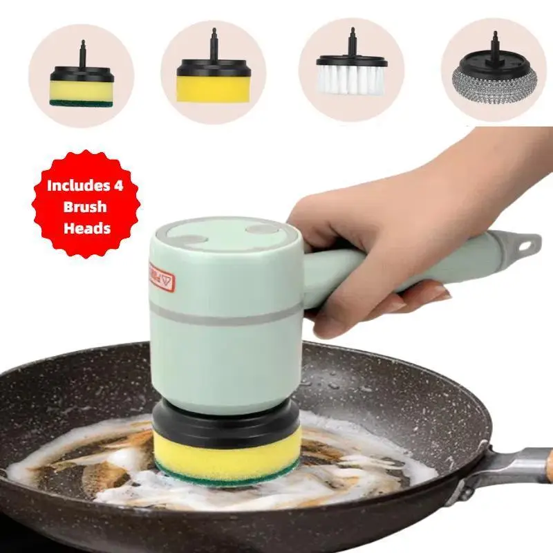 Electric Spin Scrubber, 1 Set Rechargeable Cordless Handheld Scrubber with 4 Replaceable Brush Head, Fall Household Cleaning Supplies, Kitchen Gadgets