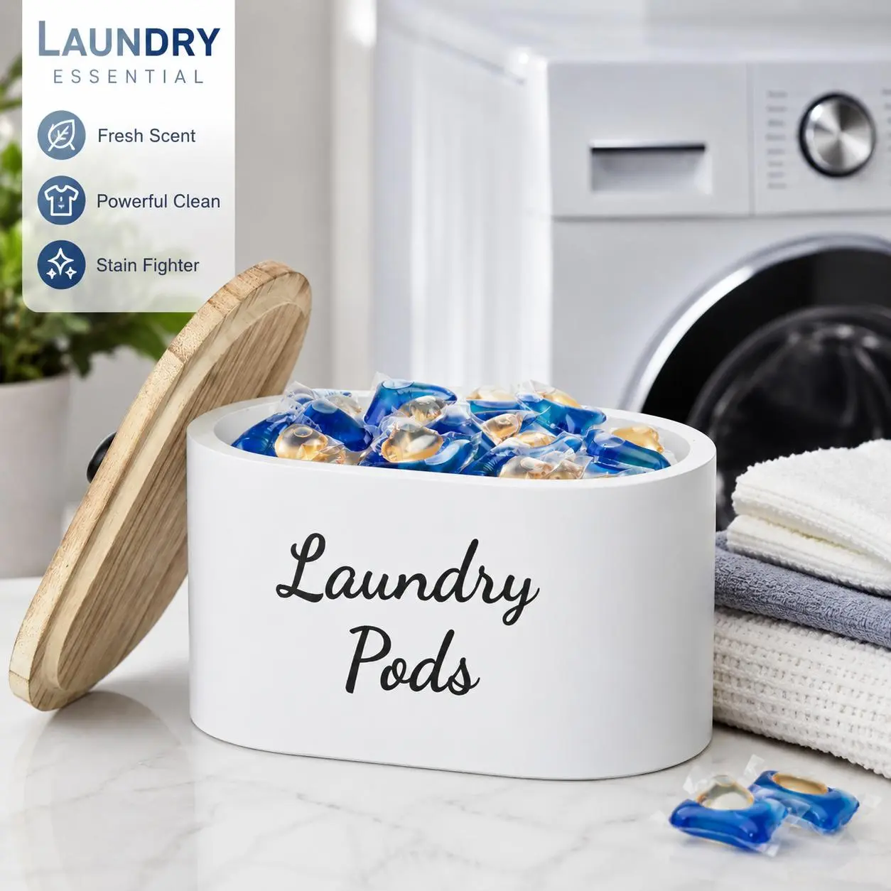 Laundry Pods Container with Lid for Laundry Room Decor, Wood Laundry Pods Holder Dryer Sheets Fabric Softener Dispenser, Farmhouse Laundry Room Organization and Storage, Black