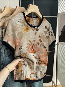Elegant Women's Floral Print Round Neck Sweater, Casual Short Sleeve Knit Top, Breathable Spring Summer Fall Fashion Knitwear Womenswear