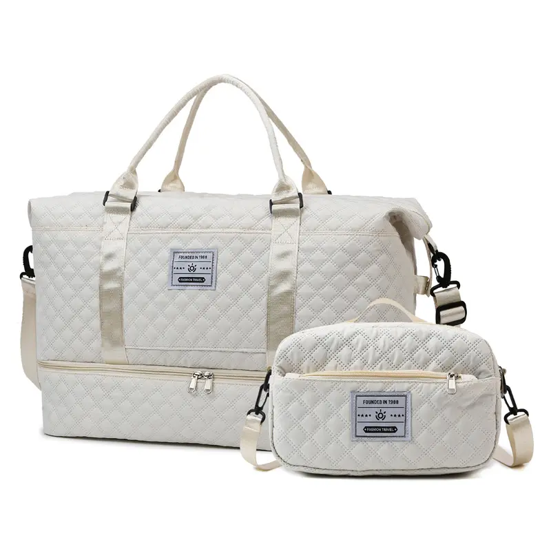 Quilted Travel Set - Large Duffel Bag & Small Crossbody Bag - Cream Color - Perfect for Trips & Daily Use - Durable & Stylish