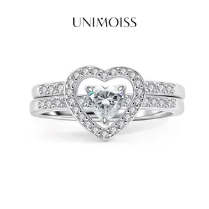 UniMoiss Halo Heart Cut Ring Set Silver-Plated Heart Pair Stacking Ring Band D Color VVS Moissanite Ring Jewelry Band Wedding Band Engagement Ring Set Promise Ring Women's Ring for Engagement Wedding Anniversary & Valentine's Day Gifts