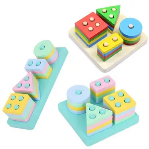 Children's Educational Wooden Four-Column Stacking Toy - Early Learning & Cognitive Development: Geometric Shape Matching and Stacking Blocks