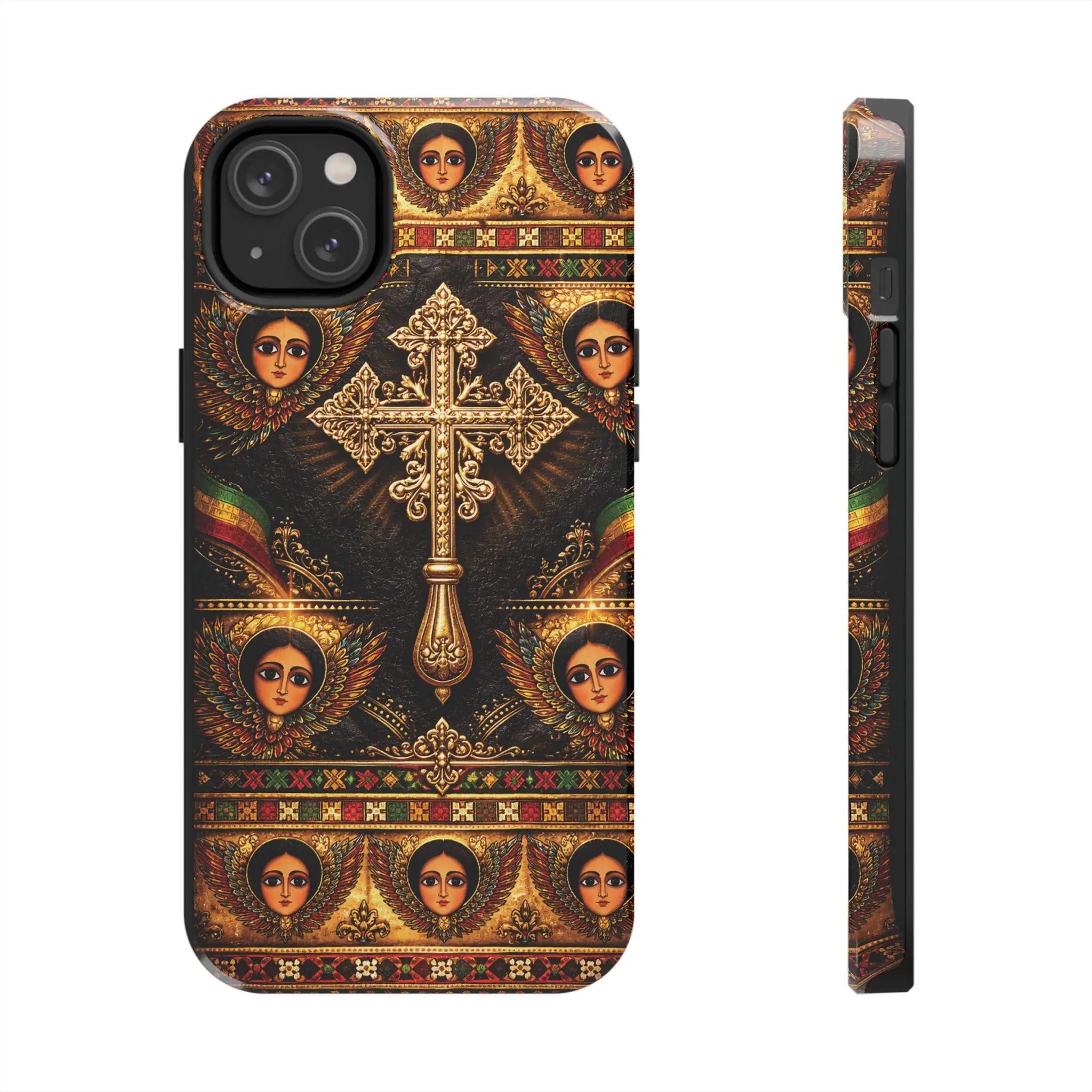 Ethiopian Orthodox Cross-Angel Pattern Durable Rubber-Polycarbonate Phone Case, Habesha Church Art Christian Cover for iPhone, Samsung, Wireless-Friendly Glossy Finish Mobile Accessory