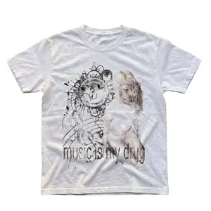 Y2K Music Is My Drug Graphic T-Shirt, Distressed Female Anime Subject Swirl Filigree Speaker Line Art Text Print, Unisex Streetwear Tee For Music Lovers, Indie Outfit