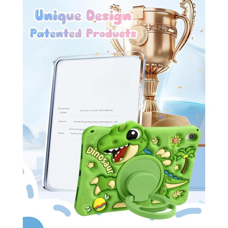 3C9-PHP016  for iPad A16 Case/10th Generation Case - Green Dinosaur Cool for Boys Girls Teens Soft Silicone Cute with Shoulder Strap & Rotating Stand Case for iPad A16 11th Generation 11 Inch 2025