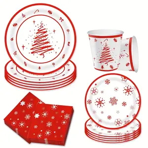 Festive Party Supplies Set for Christmas & New Year Celebrations, Includes Plates Cups Napkins Cutlery, Tree Snowflake Design