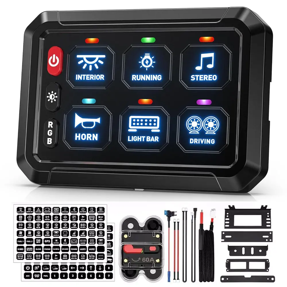 6 Gang RGB LED Switch Panel, Universal Circuit Control Relay System with Fuse Wiring Harness Automatic Dimmable On/ Off LED Switch Pod for Cars Trucks Boats ATV UTV SUV, Without Battery, Offroad Lighting Control,Dealsforyoudays