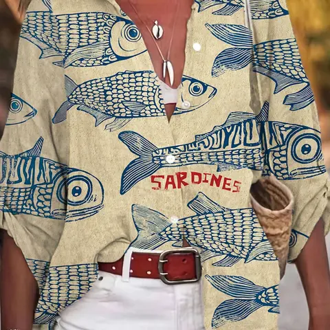 Women's Fashion Casual Boho Soft Comfortable Vacation Style Boho Style Woven Fall Clothing, Fish Print Pocket Detail Long Sleeve Button Up Shirt, Loose Fit Autumn Simple Design, Blouse, Top, Bohemian Casual Top, Blouses Shirts Tops