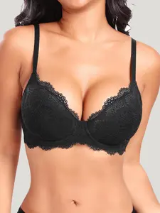Stylish European Lace French Plunge Push Up Bra, Adjustable Straps Unlined Sexy Bra Supportive Bra for All Seasons, Medium Support Three-Quarter Cup Design