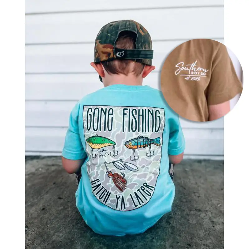 Youth Camo Gone Fishing Lures youth 2-Side shirt, boy clothing, Southern Boy clothes, country boy clothes, family tee