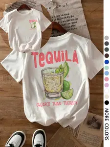 Women's Tequila & Lemon Print Round Neck Tee, Casual Short Sleeve T-shirt for Daily Wear, Ladies Sleepwear for All Seasons, Top, Womenswear