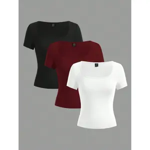 3-piece set of women's short-sleeve casual fitted T-shirts, suitable for summer