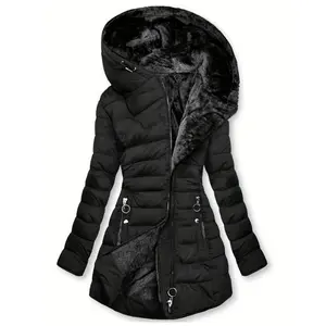 Zippered Hooded Down Jacket, Casual Long Sleeve Pocket Faux Lined Warm Winter Jacket, Women's