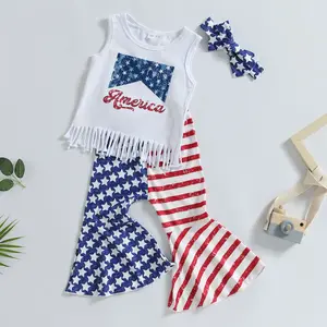 4th of July Toddler Baby Girl Outfit 3Pcs America Tassels Tank Tops American Flag Stars Striped Bell Bottom Flared Pants with Headband