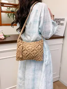 Simple Fringe Handbag Woven Straw Bag Vintage Shoulder Strap Summer Beach Bag Casual Daily Use, Stylish & Functional Design