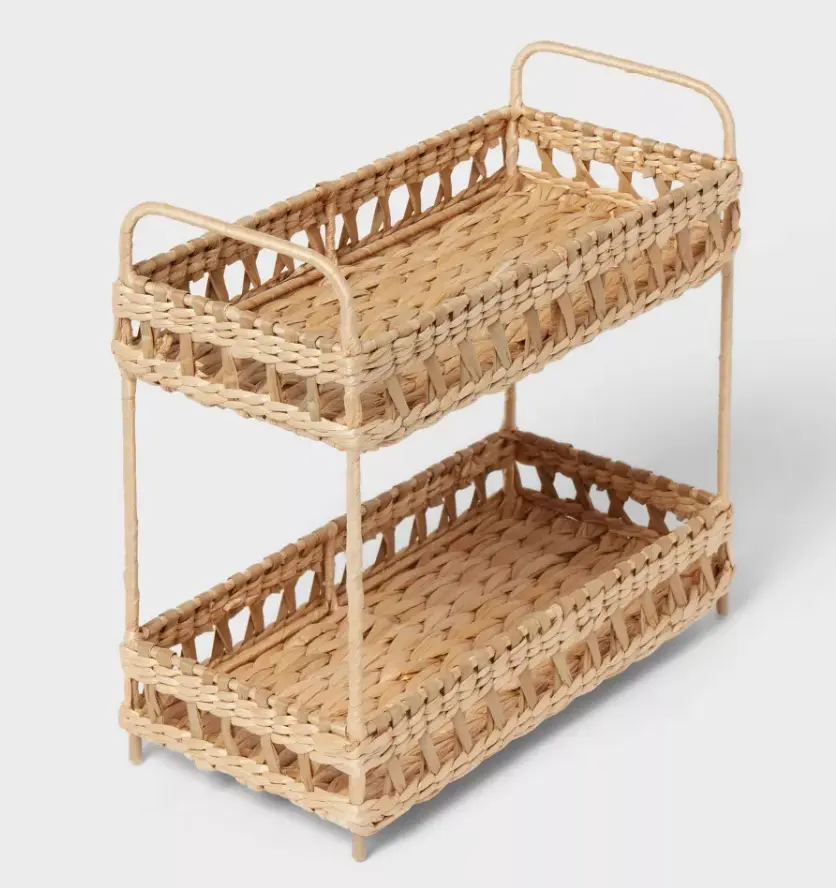 Tiered Tray Organizer, Natural Woven 2-Tier Decorative Serving Tray, Boho Tabletop Display Caddy for Coffee Table, Kitchen Counter, Bathroom & Farmhouse Home Decor