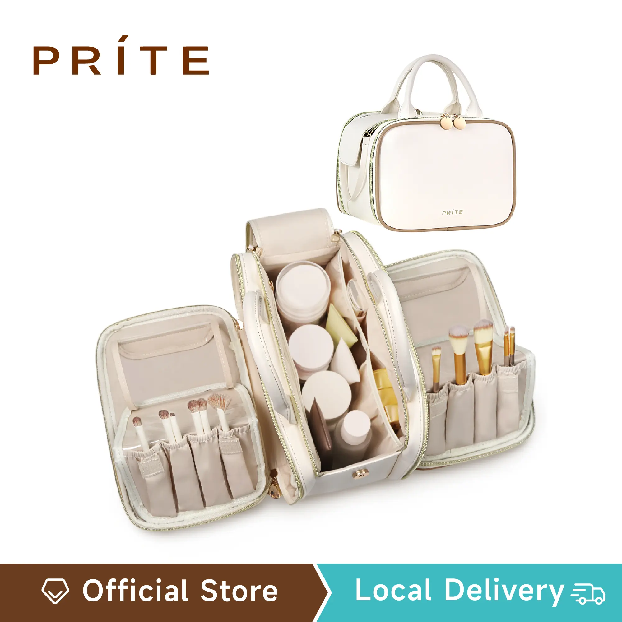 PRITE BUY 1 GET 2!! Leather Multi-Functional  3-in-1 Makeup Bag for Women – Dual-Wing Design with Free-standing Brush Holder, Large Capacity Travel Organizer with 3 Compartments, Portable for Gym & On-the-Go