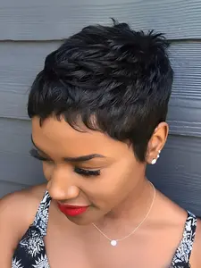 Burgundy Machine Made Pixie Wig, Daily Party Use Human Hair Wig for Women, Stylish Gift Layered Pixie Cut Short Straight Wig