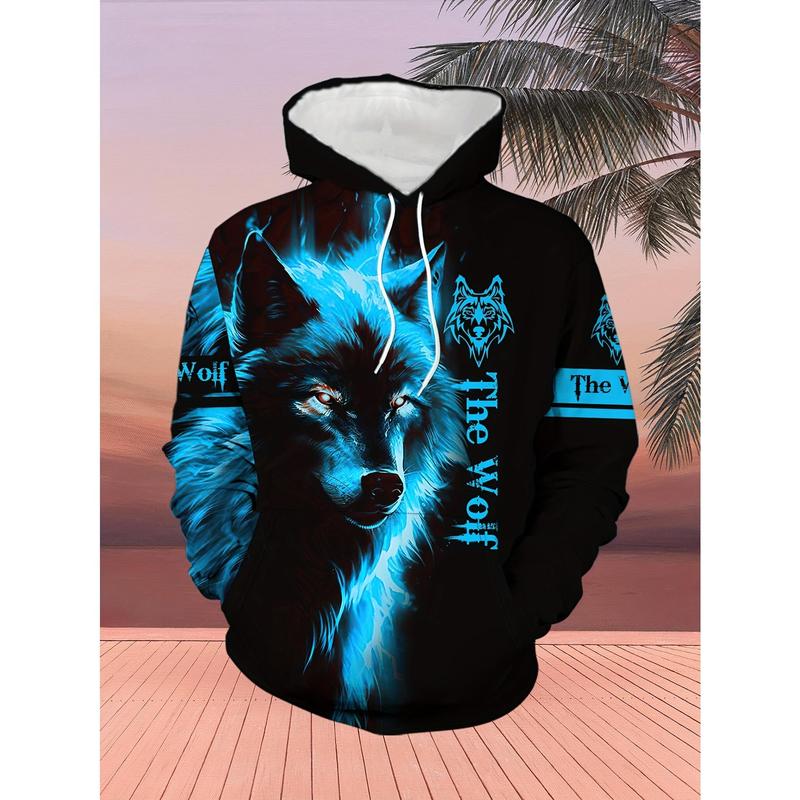 Blue Wolf Pattern Men's Spring Autumn Long Sleeve Casual Sweatshirt Set Hooded 100% Polyester Fiber Regular Fit Digital Printing