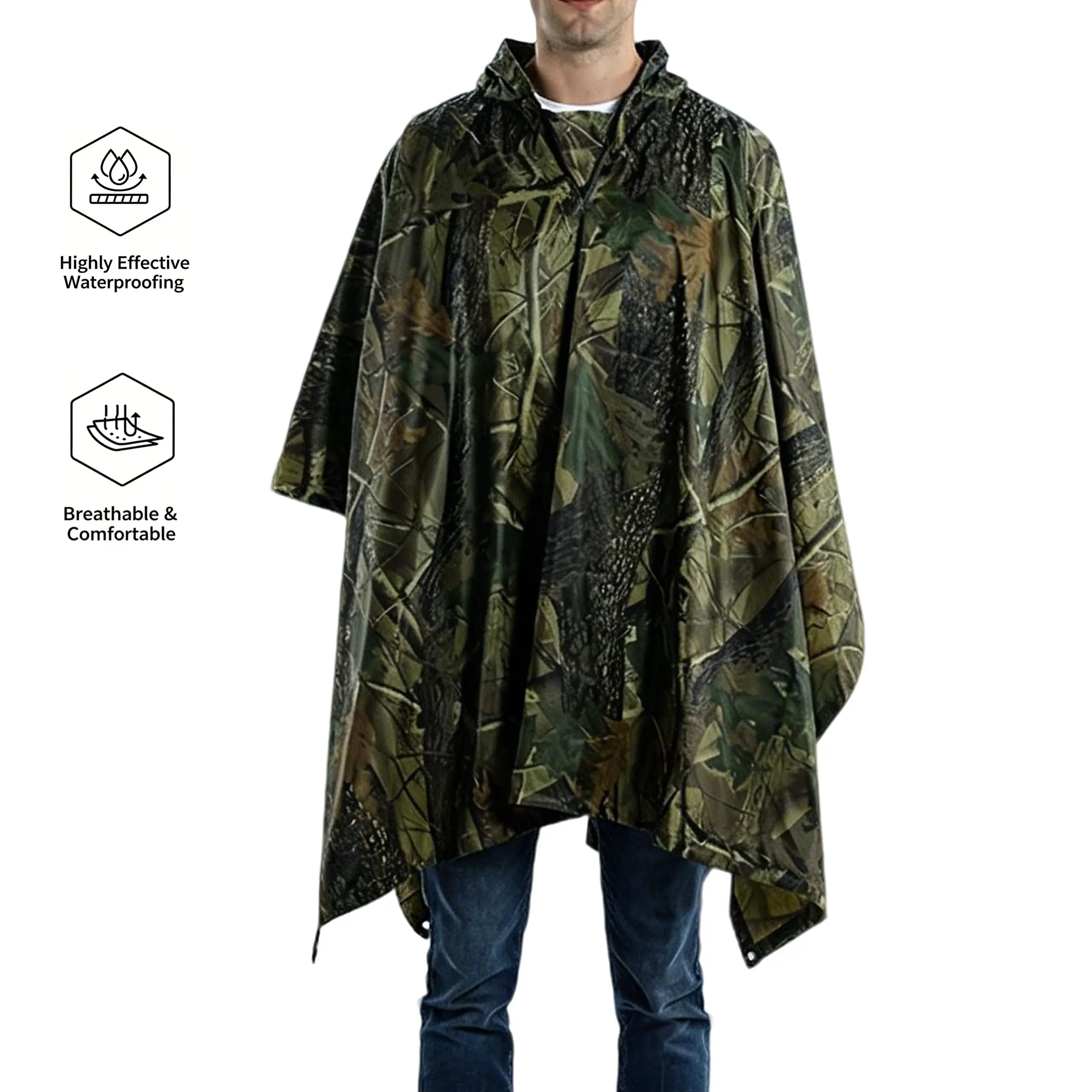 3-in-1 Camo PVC Raincoat Poncho for Male - Breathable & Rainproof with Tarp Function for Outdoor Activities, Waterproof Hooded Raincoat