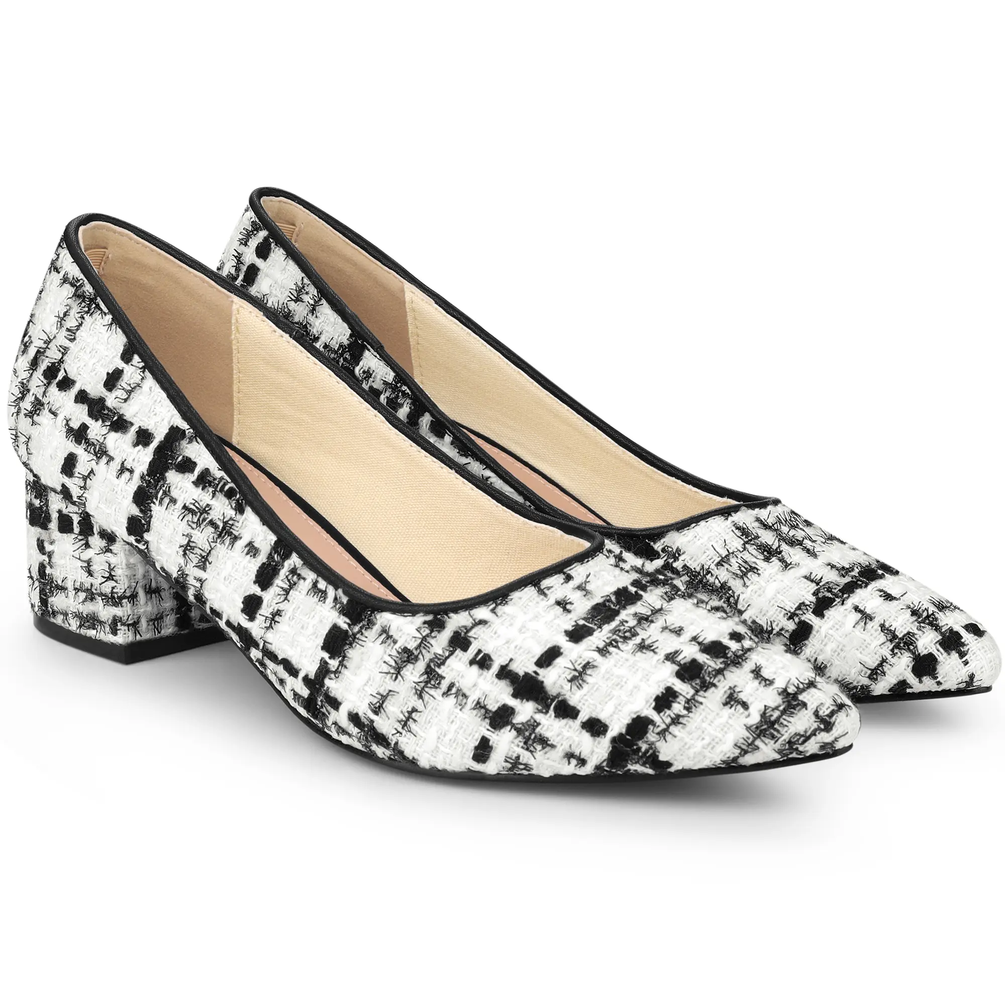 BLISSFUL STEP Pointy Toe Tweed Plaid Knitted Printing Block Heels Pumps