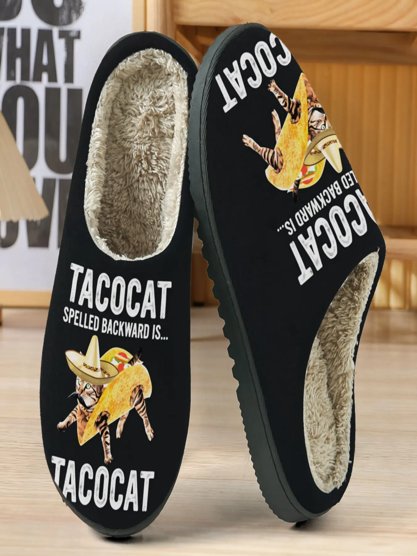 Funny Cat Slippers with Mexican Hat Design, Warm Fleece Lining, Casual Fall & Winter Footwear, Humorous Culture Choice