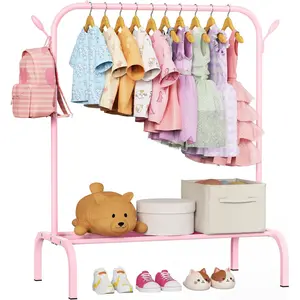Upgraded Kids Clothing Rack - Dress Up Clothes Rack Baby Toddler Montessori Wardrobe- Small Portable Garment Racks with Storage Shelf and Hooks - for Costumes, Princess Dresses & Shoes, Pink