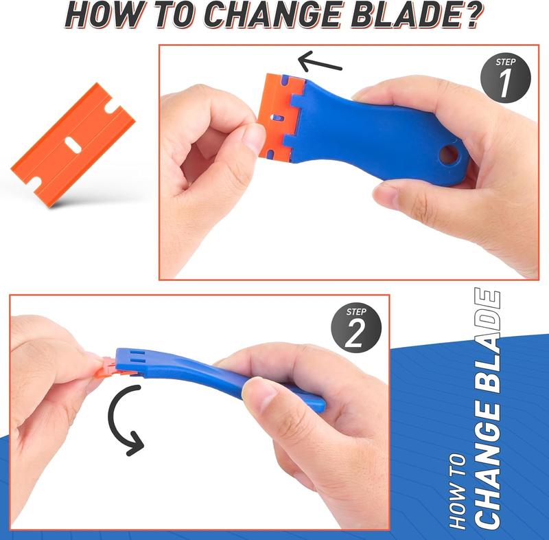 2 Pack Plastic Razor Blade Scrapers with 100 Plastic Blade Refills, Multi-Purpose Glue Remover Tool for Household Cleaning and Car Vinyl, Stickers, Labels and Adhesive Removal