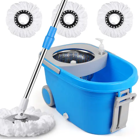 Spin Mop and Bucket with Wringer Set, 3 Washable Microfiber Included for Floor Cleaning Adjustable Stainless Steel Handle Easy Moving Retractable Wood