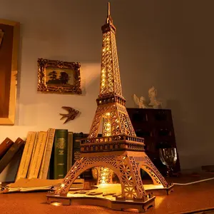 Rolife Night of The Eiffel Tower Large Wooden Puzzle TGL01 with 4 Light Shows for Gift 3D Assembly 220x213x530mm Multifunction