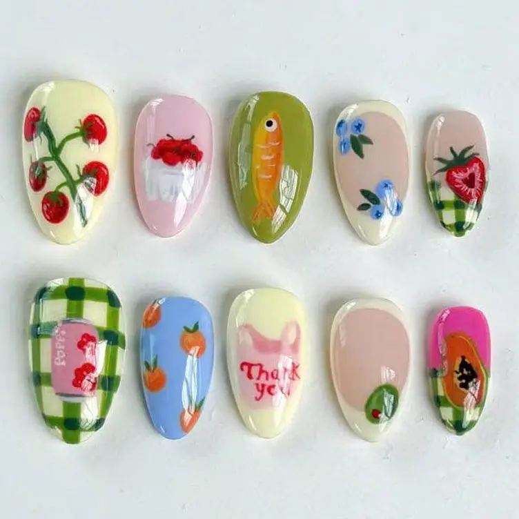 S71 Picnic Market Press-On Nails, 3D Fruits, Veggies, Retro Patterns, Gingham Art, Cute Icons, Custom Press-On Nail, Summer, Solana Nails Town