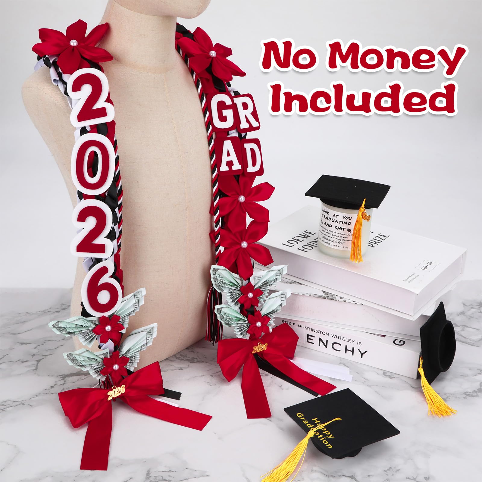 ONERIR 21Pcs Graduation Leis 2026, 50 Inch Class of 2026 Double Braided Money Lei with Satin Ribbon Flowers, Blue Yellow White Graduation Party Gifts for Women & Men