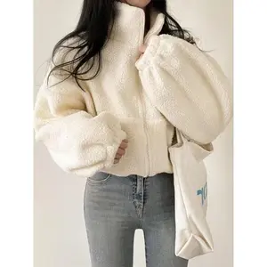Women’s Sherpa fleece cropped coat — loose fit, hooded, long sleeves, short jacket; sweet style; can be worn over a raincoat