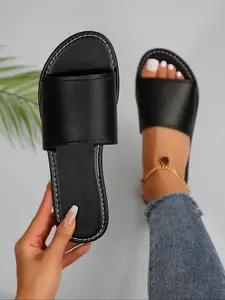 Women's Fashionable Plain Color Slide Sandals, Beach Slides Sandals, Flip Flops, Casual Comfortable Flat Sandals for Beach, Non-slip Slippers for Indoor & Outdoor Wear, Beach Home Sandals