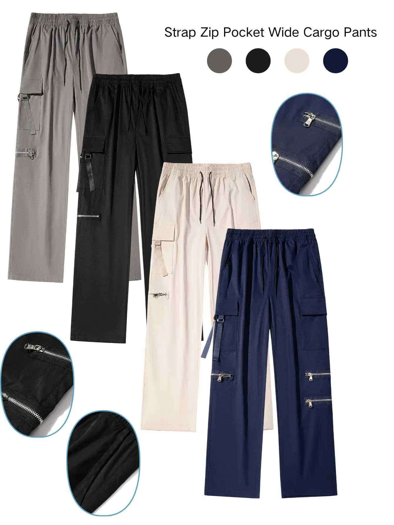 Four-color drawstring elastic waist wide-leg cargo pants with side webbing, zipper, and multiple pockets; casual paratrooper long pants