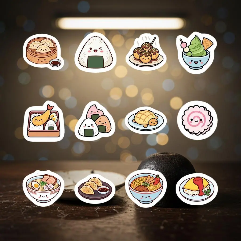 Kawaii Japanese Food Vinyl Stickers, Ramen, Onigiri, Gyoza, Takoyaki (12 Pack)