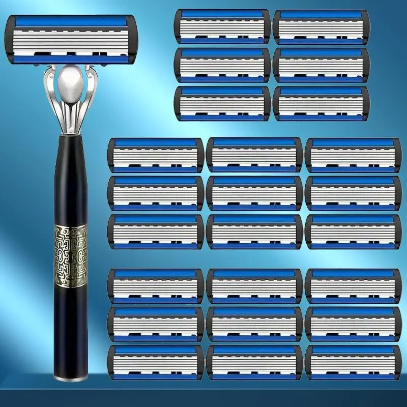 Men's Professional 6 Layer Razor Blade Set, 1 Piece Razor Holder & 12/24pcs Razor Blades, Cleaning and Wet Using, Daily Shaving Tool for Men