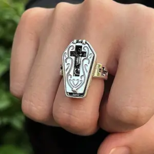 Adjustable Vintage Skull Coffin Open Design Silver Plated Ring, Gothic Punk Hip Hop Style for Men