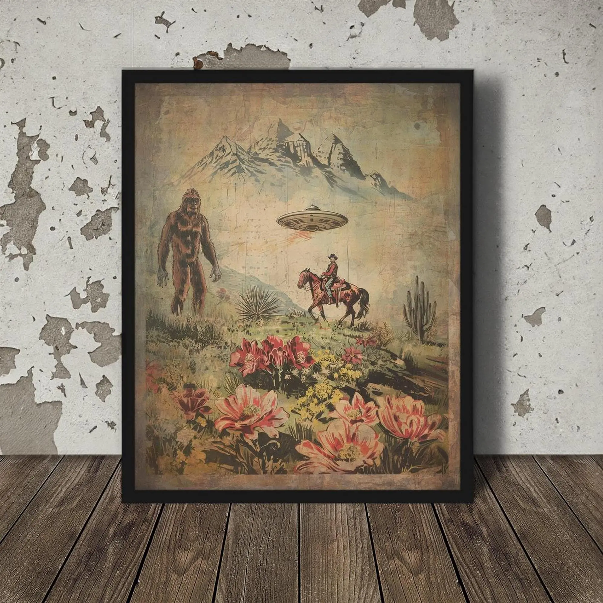 SASQUATCH UFO COWBOY Western Wall Art - Cactus Flower Poster, Retro Bigfoot Home Decor, Flying Saucer Alien Horse Desert Retro, Sci-fi Poster No Frame, Gift